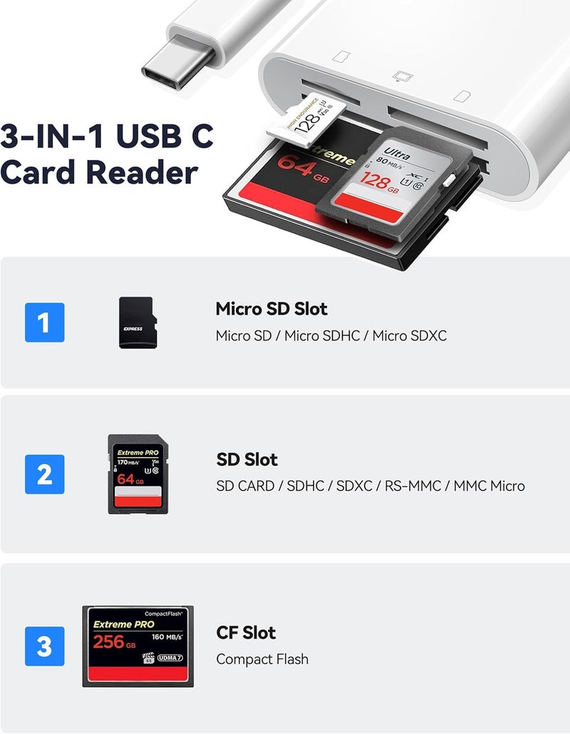 xdgeLoad USB C SD Card Reader for 15/iPad/MacBook/iMac, 3 Slots Type C Reader Supports SD/Micro SD/CF Compact Flash Memory Card Adapter, Trail Camera Viewer Plug and Play - Image 2